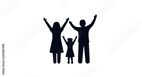 Tableau sur toile Family silhouette icon displays parents and a child with their arms raised in celebration, signifying happiness, unity, strong domestic bonds, and a healthy approach to modern family life