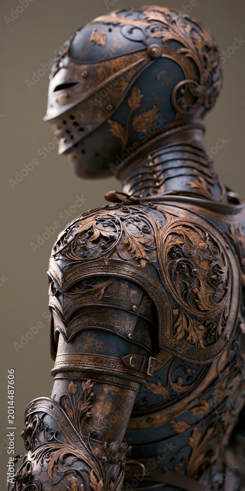 Fototapeta premium Detailed filigree armor, side view Black and gray metallic shoulder piece with intricate patterns, sturdy gauntlets, chest plate, extended arms, helmeted section Multiple light source - AI-Generated