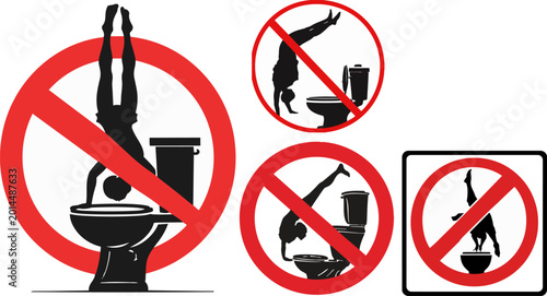 Bild auf Leinwand Funny no diving into toilet warning signs, humorous bathroom prohibition icons,