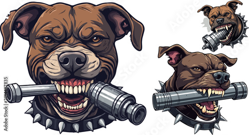 Photos Aggressive pitbull mascot vector set, angry dog head with metal pipe in mouth, f