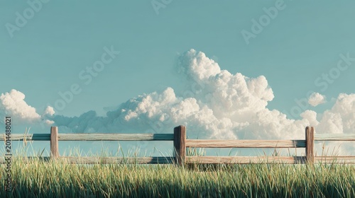 Serene Horizon: Wooden Fence Against a Turquoise Sky with Puffy Clouds — Rustic Peaceful Landscape