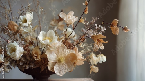 Elegant Dried Flower Arrangement with Anemone and Baby’s Breath: Soft Pastel Tones for Romantic and Minimalist Designs