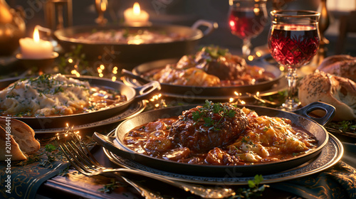 Vibrant, hearty meal on a table, soft lighting, candles, casserole dishes, rich colors, blurred background, staged composition, realistic style, high detail, cinematic quality - AI-Generated