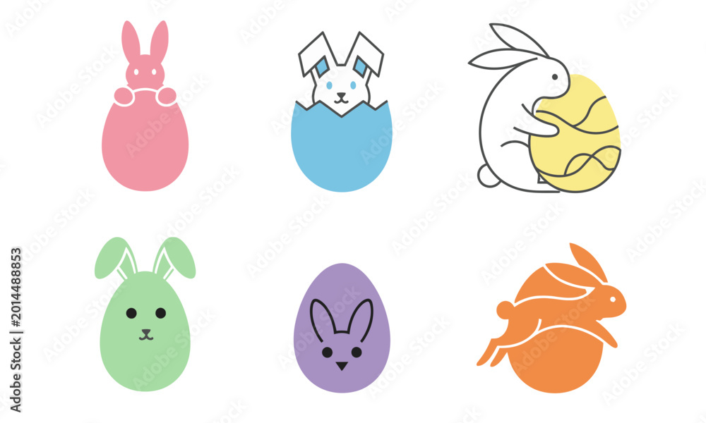 Fototapeta premium Collection of six cute cartoon Easter bunny illustrations in pastel colors, each with a unique design, perfect for spring celebrations and holiday themes