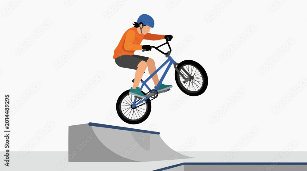 Fototapeta premium Young person performing a stunt jump on a bmx bike at a skate park