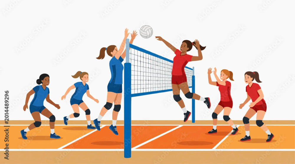 Obraz premium Group of young women playing volleyball match on court