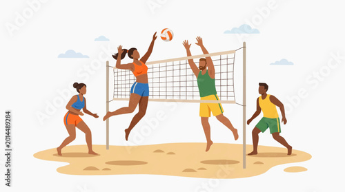 Group of people playing beach volleyball, jumping and hitting the ball over the net