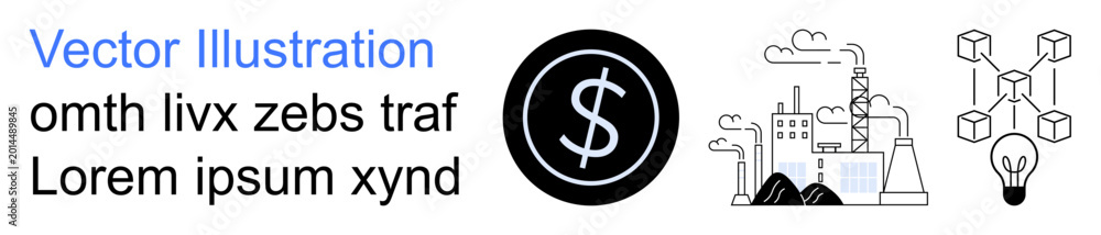 Fototapeta premium Finance, technology innovation, industry growth, blockchain networks, energy production, digital currency. Dollar symbol, industrial plant blockchain diagram. Finance and technology innovation