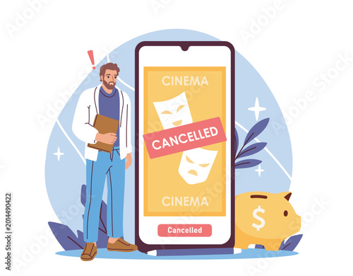 Fotografía A man near a large phone showing cancelled cinema event in flat style on a light background, conveying disappointment and scheduling issues