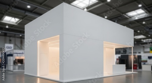 A sleek, modern white exhibition booth with illuminated entrances in a large convention hall.