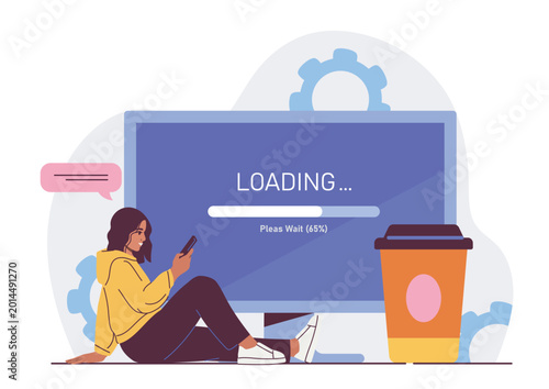 A woman sits using her phone beside a large monitor showing a loading bar in a flat style on a clean white background, expressing waiting and progress concepts. Hand-drawn vector illustration