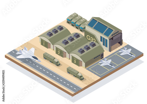 Fotografía Military airbase with jets, trucks and hangars in isometric style on clean light background, representing defense infrastructure concept