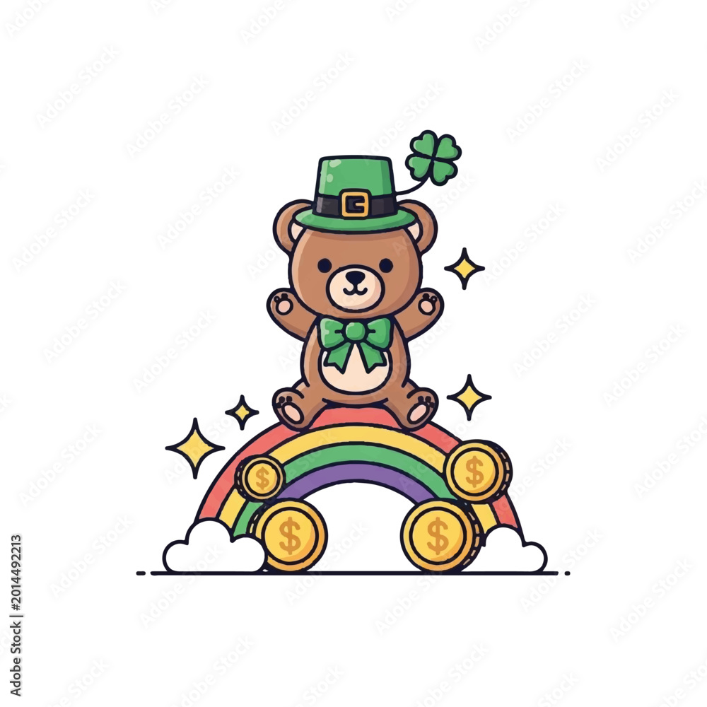 Fototapeta premium Cute St Patricks Day Bear on Rainbow with Gold Coins and Clover.