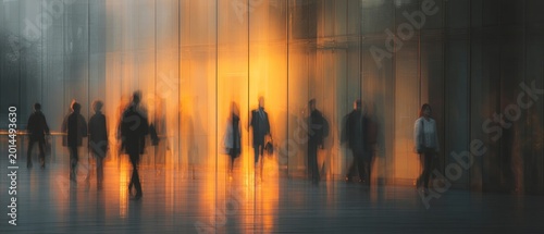 Silhouetted figures walking in sunlight with motion blur abstract concept