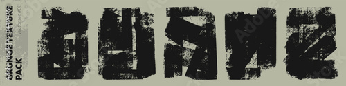 Industrial grunge vector texture pack with rough black ink marks.Distressed block print textures and bold linocut overlays.Raw urban backgrounds set for poster design,packaging,branding,layouts