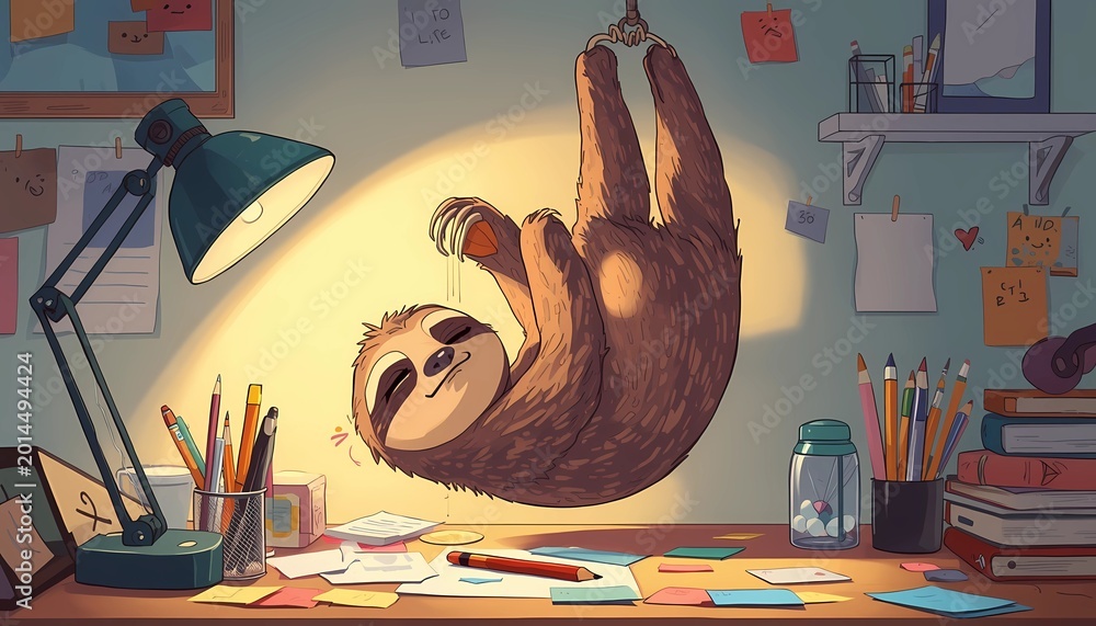 Fototapeta premium Funny sloth character hanging over a messy desk with a glowing lamp, cute lazy office worker concept illustration.