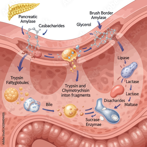 Canvastavla Digestive System Diagram: Amylase, Lipase, Bile Action on Food Particles