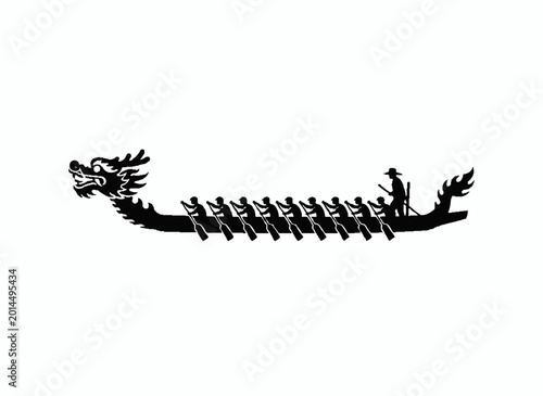 Foto Dragon Boat in Silhouette: A captivating black silhouette of a dragon boat, propelled by rhythmic strokes of oars, embodies the spirit of cultural celebration