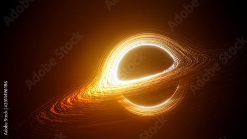 Canvas Print Bright rotating black hole with fiery accretion ring drifting through deep space