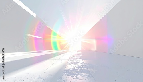 Radiant light tunnel with white walls and floor, bursting with rainbow-colored lens flare