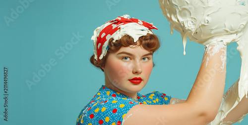 Retro pin-up woman covered in whipped cream with playful vintage cleaning aesthetic and pastel copy space. Surreal humorous beauty concept for advertising. AI generated