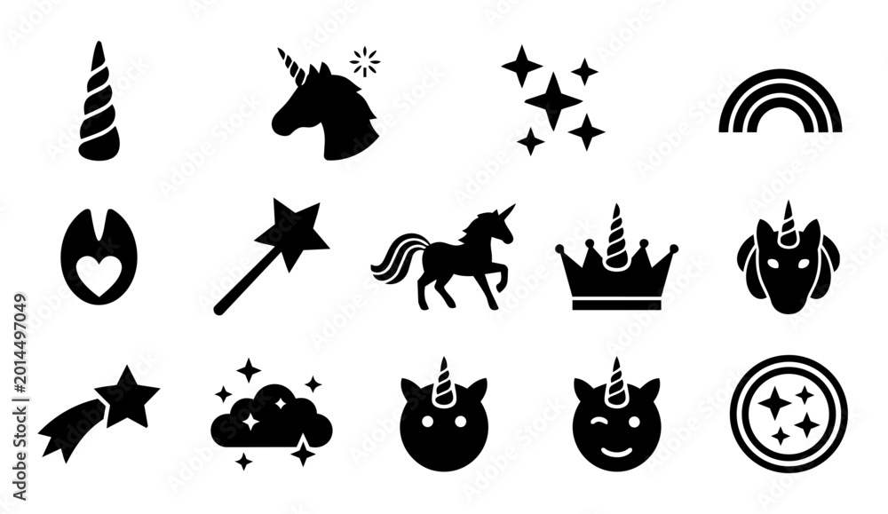 Obraz premium Unicorn Magic Symbols Silhouette Set – Stars, Rainbow, Wand, Fantasy Elements Icons