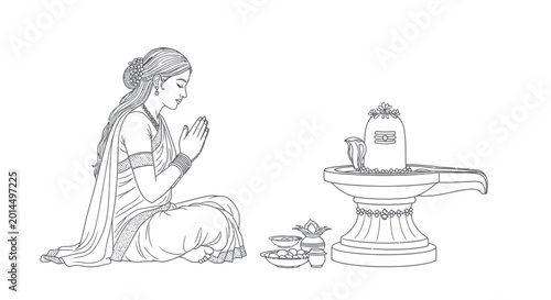 Slika na platnu Indian woman praying to Shiva Lingam, Hindu ritual drawing, devotional offering