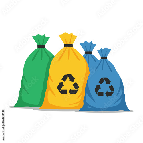 Recycling Bags Collection: Green, Yellow, Blue with Recycle Symbol