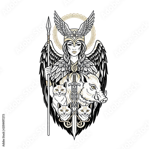 Valkyrie with Boar and Cats, Norse Mythology Warrior Goddess, Spear and Sword