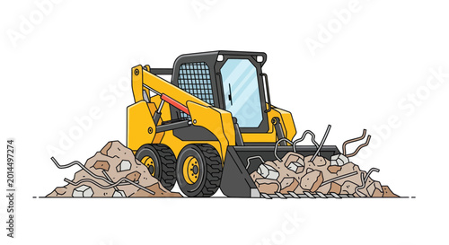 Yellow Skid Steer Loader Working with Debris and Rocks on Construction Site