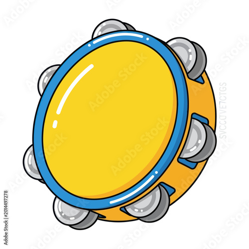 Yellow Tambourine with Blue Rim and Silver Jingles, Isolated