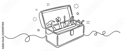 Continuous line art vector of an open toolbox with mini tools including hammer and wrench for a diy home improvement concept on a transparent background