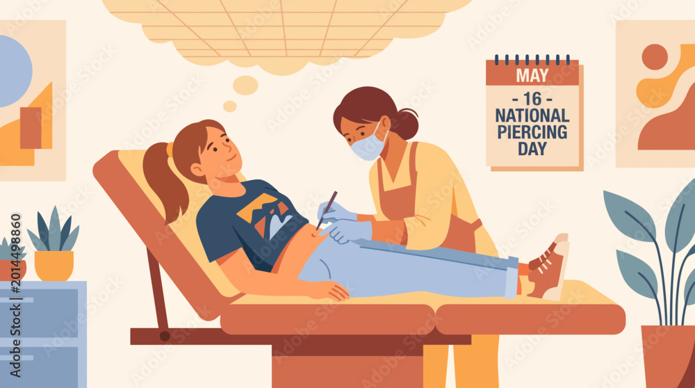 Fototapeta premium Professional Piercer Performing Navel Piercing on a Young Woman