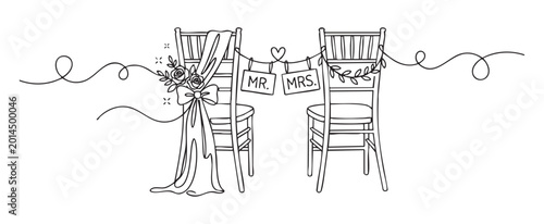 Minimalist line art vector illustration of wedding chair decor with mr and mrs signs, floral accents, and ribbons for elegant marriage ceremony celebration concept