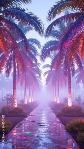 Glowing palm trees at night with a neon pink and blue sky. Rainy street reflections.