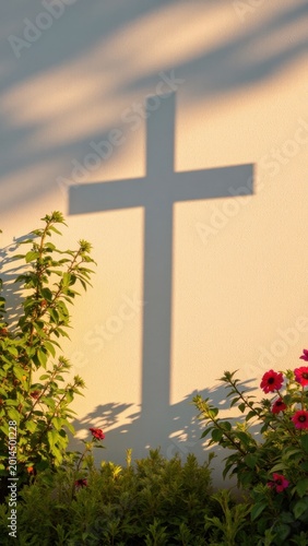 A cross casts a shadow on the wall of a church during sunset.