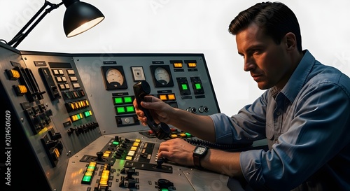 Man Operating Retro Industrial Control Panel