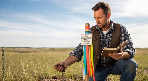 Man Inspecting Soil and Mineral Rights in Open Field