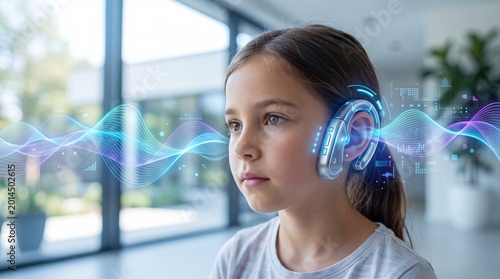 Little girl wearing a high tech hearing aid with digital sound wave graphics representing hearing loss technology and advanced auditory assistance solutions