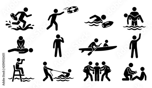 Vászonkép Lifeguard Rescue Silhouette Set – Water Safety, CPR, Beach and Pool Emergency Ac