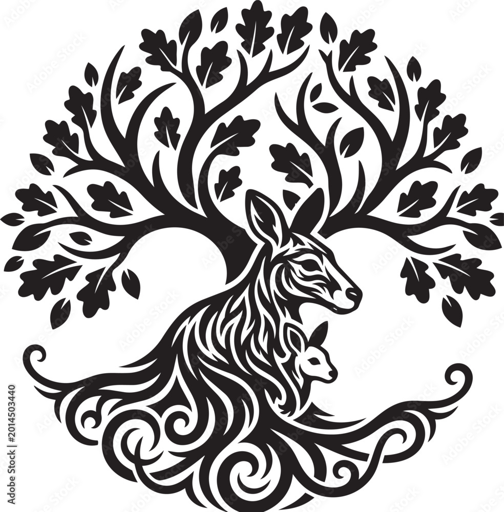 Fototapeta premium Abstract floral tribal vector design with flower ornaments and decorative animal silhouette illustration