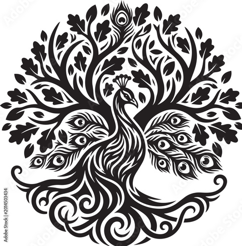 An abstract floral background vector featuring a black seamless pattern with ornate vintage swirls, leaves, and bird silhouettes for an elegant nature art decoration element