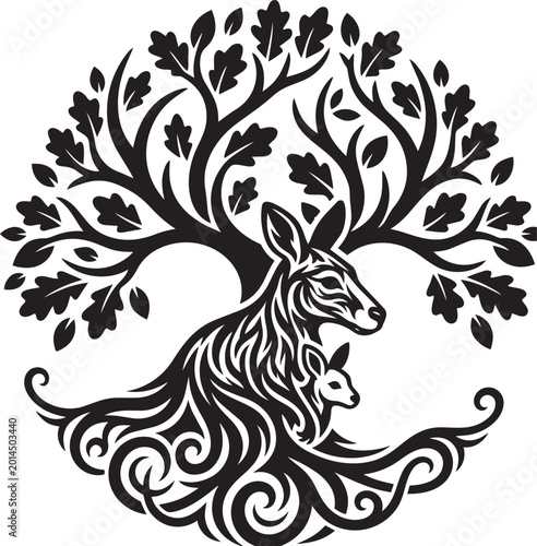 Abstract floral tribal vector design with flower ornaments and decorative animal silhouette illustration