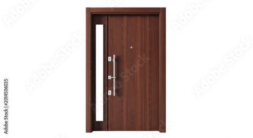 Modern apartment entrance door with silver handle on transparent background high quality