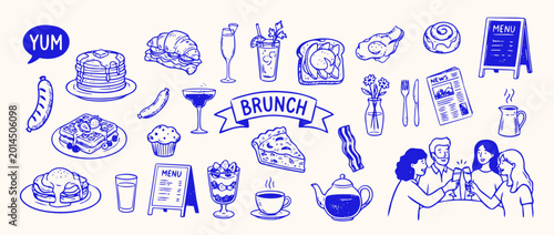 Brunch Delight: A collection of brunch delicacies, from fluffy pancakes to savory bacon, alongside a menu board, inviting all to a delightful meal.