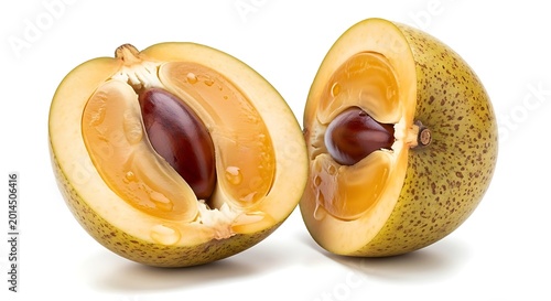 Marula fruit cut open to reveal seed and pulp on white background