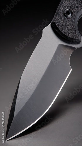 Close up of a sharp metallic knife blade with sleek design and glossy finish