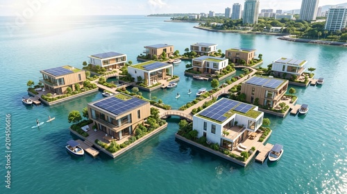 Modern eco friendly floating houses with solar panels and green roofs connected by wooden walkways on calm blue ocean water in a coastal residential community