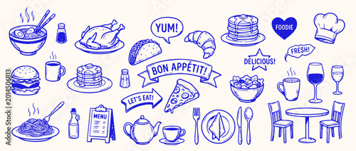 Culinary Collage: A delightful assortment of culinary elements, each meticulously sketched to represent a diverse array of delectable foods and dining experiences.