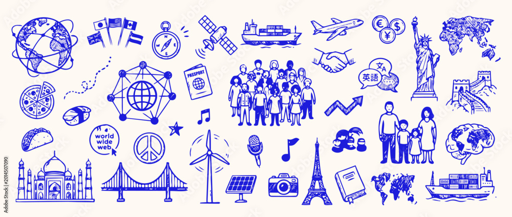 Obraz premium Global Connectivity Sketch: A vibrant illustration showcasing the interconnectedness of world, featuring elements like landmarks, technology, and global communities.